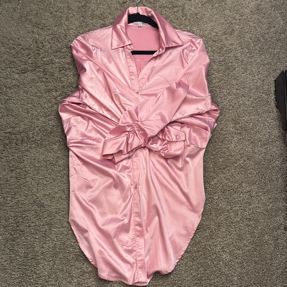 Fashion Nova Pink Satin Shirt “Run this Show” - Picture 6 of 8